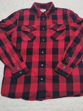 True Religion Men's Red and Black Buffalo Plaid Button-Up Shirt